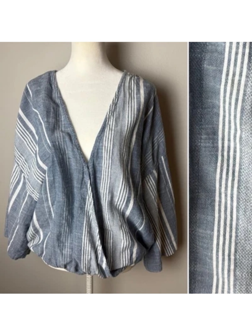 Blue Sol Top Size Large 100% Cotton Striped Wide Sleeves Dolman Coastal Blue